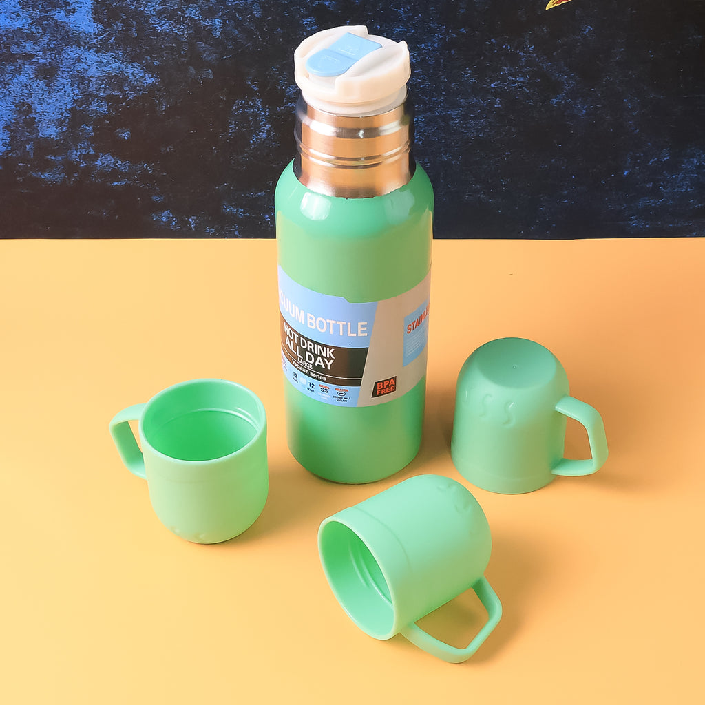 Green Vacuum Flask Set  Stainless Steel Thermos With 3 Cups Approx 500ml