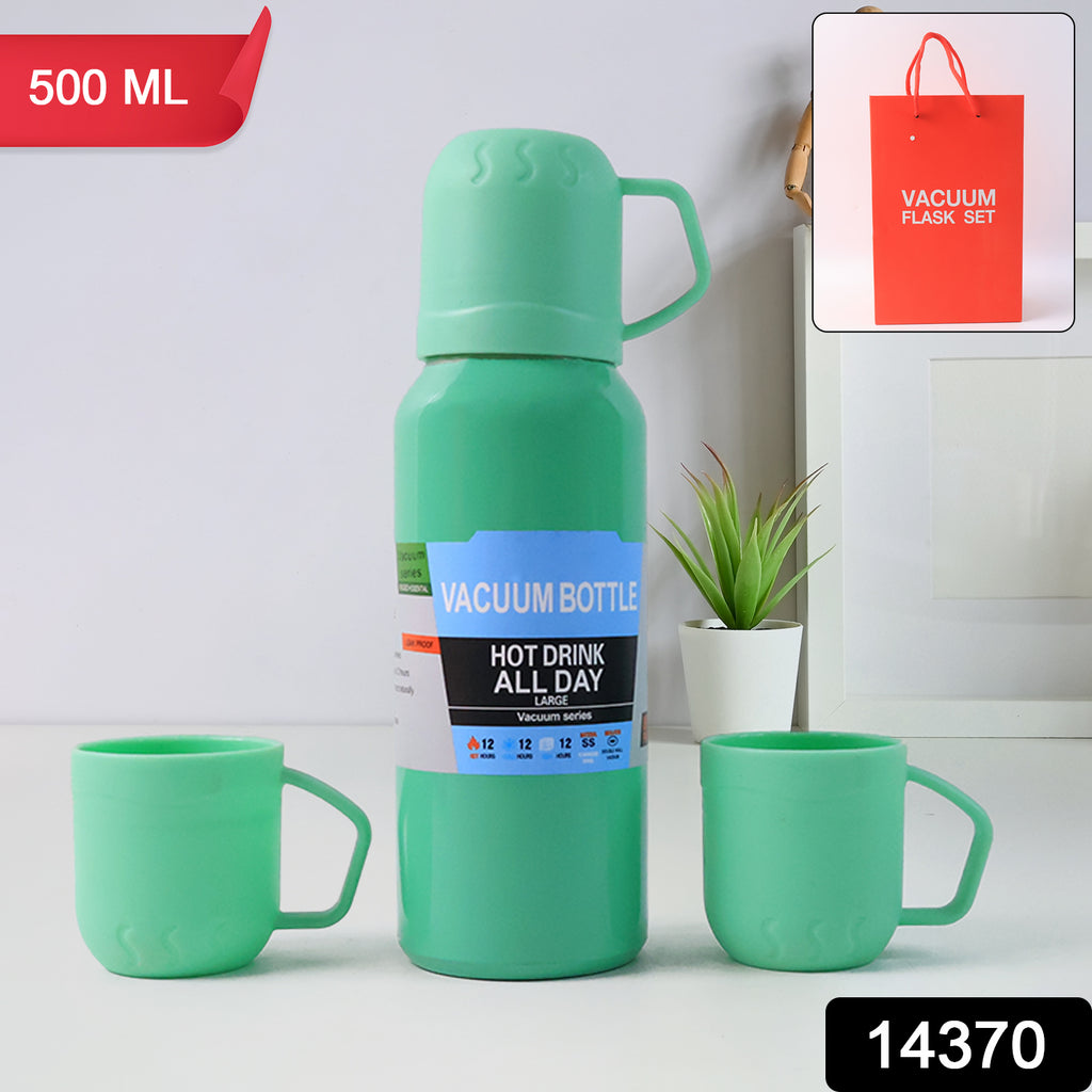 Green Vacuum Flask Set  Stainless Steel Thermos With 3 Cups Approx 500ml