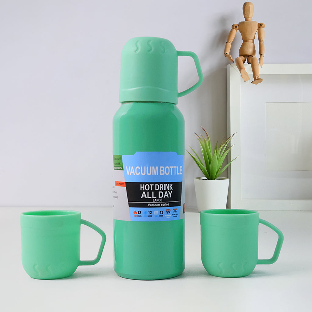 Green Vacuum Flask Set  Stainless Steel Thermos With 3 Cups Approx 500ml