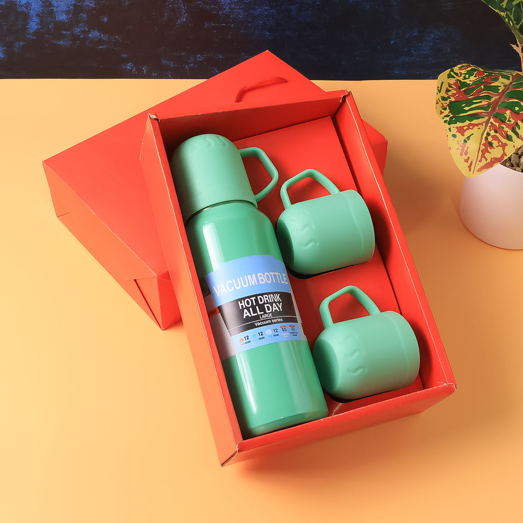 Green Vacuum Flask Set  Stainless Steel Thermos With 3 Cups Approx 500ml