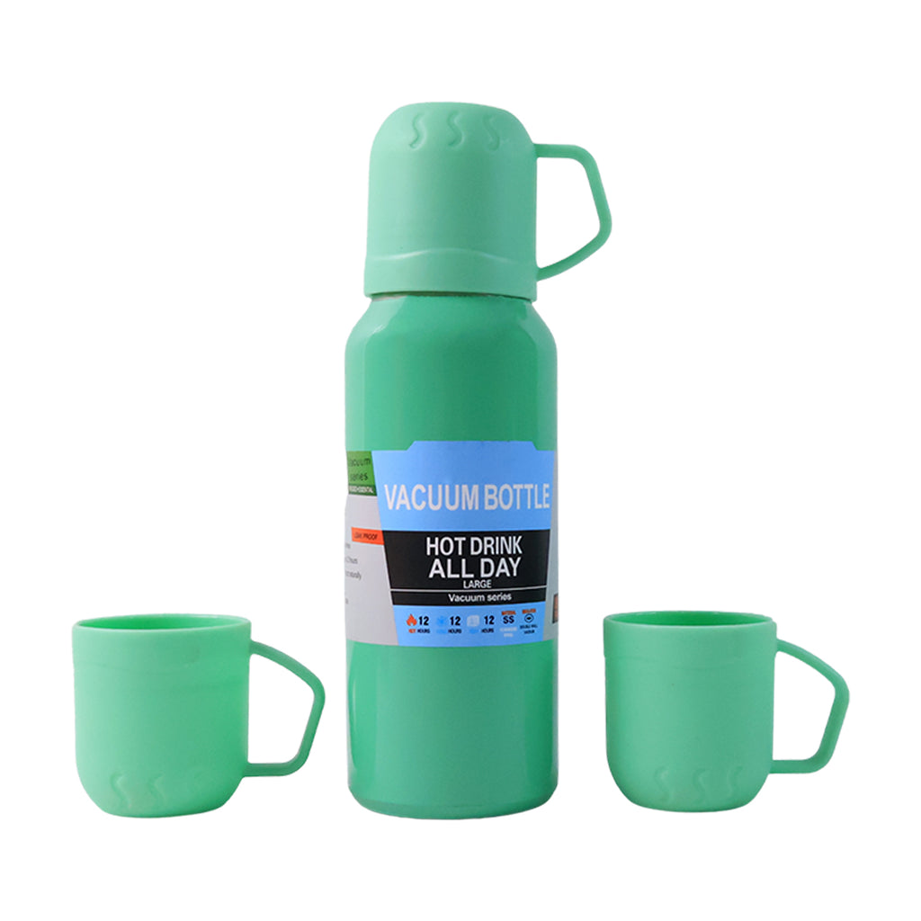 Green Vacuum Flask Set  Stainless Steel Thermos With 3 Cups Approx 500ml