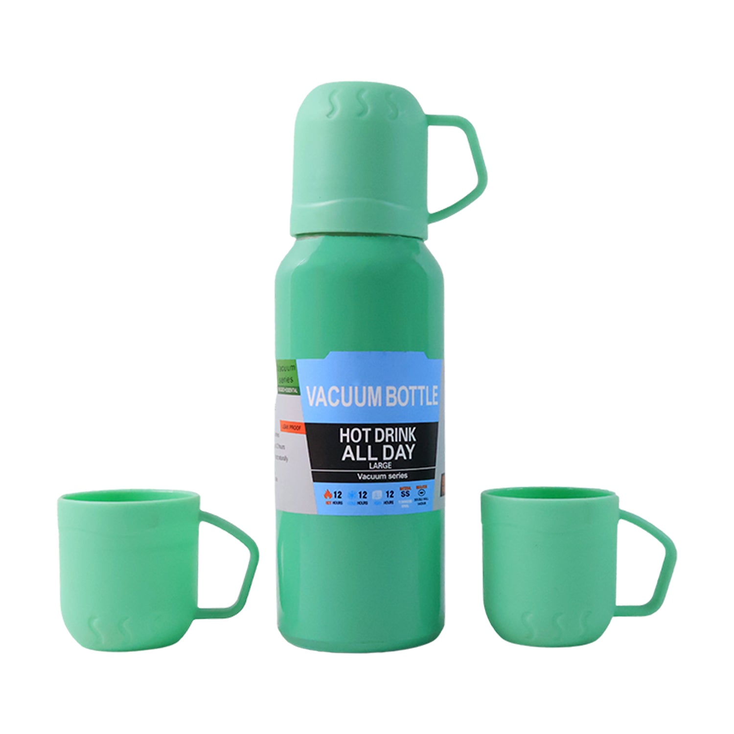 Green Vacuum Flask Set  Stainless Steel Thermos With 3 Cups Approx 500ml