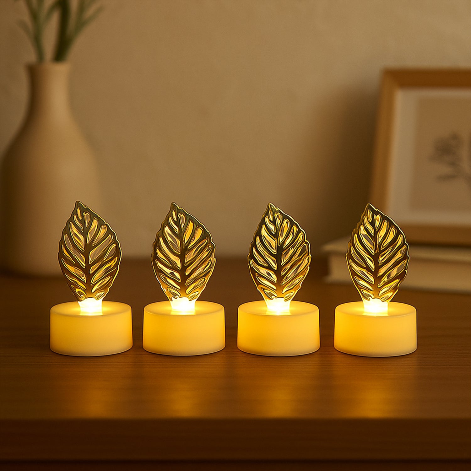 Decorative Golden Leaf Shaped Flameless Led Candles (4 Pc)