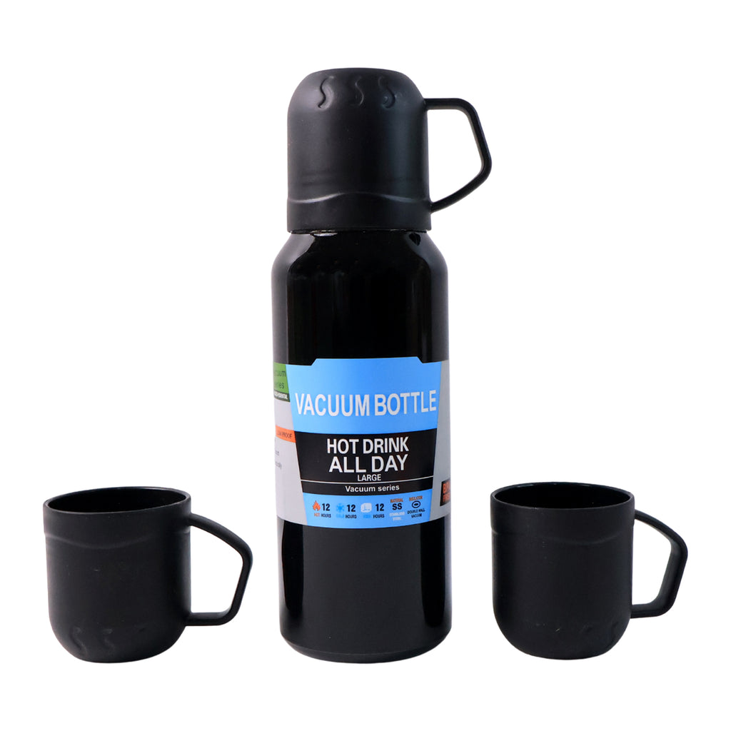 Black Vacuum Flask Set  Stainless Steel Thermos With 3 Cups Approx 500ml