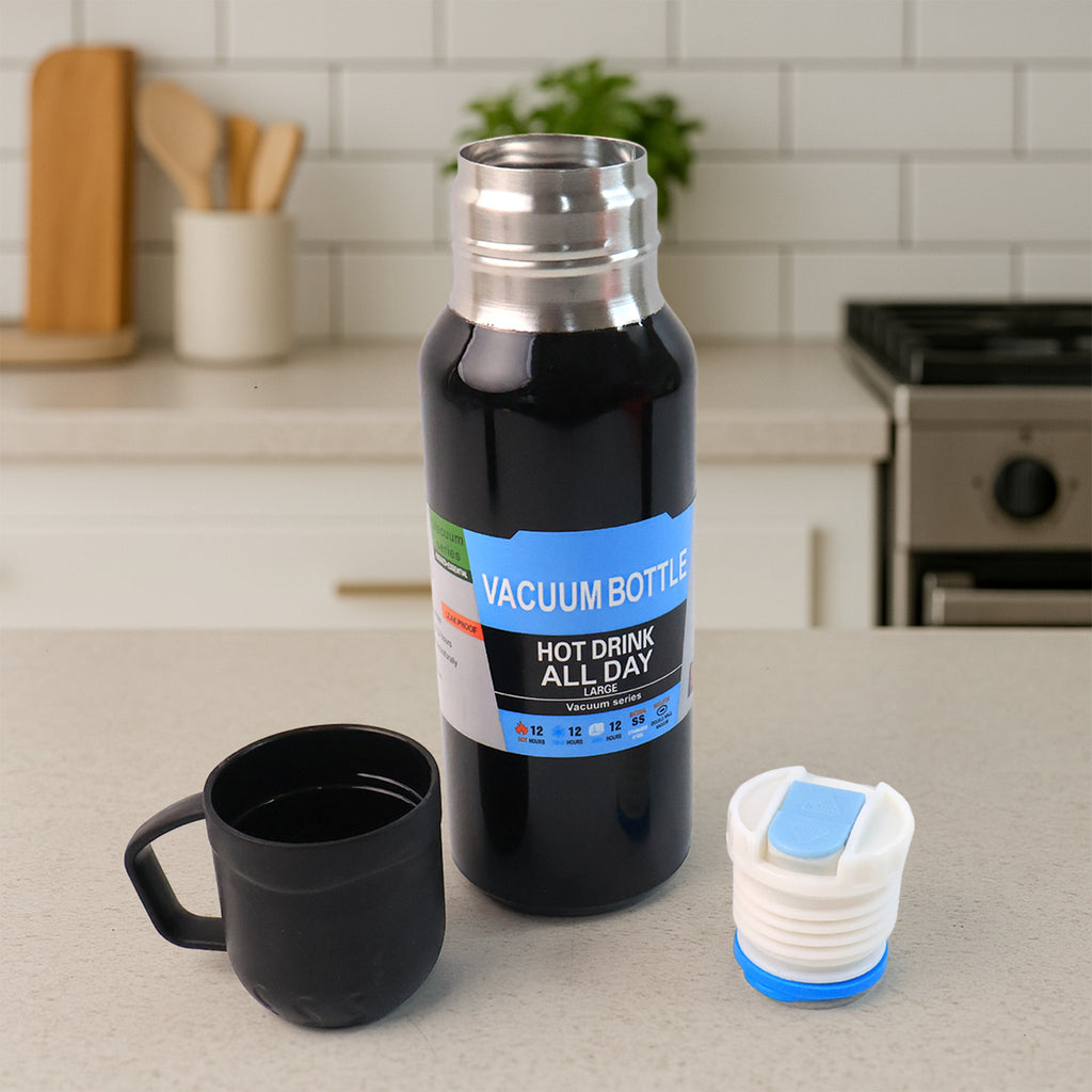 Black Vacuum Flask Set  Stainless Steel Thermos With 3 Cups Approx 500ml