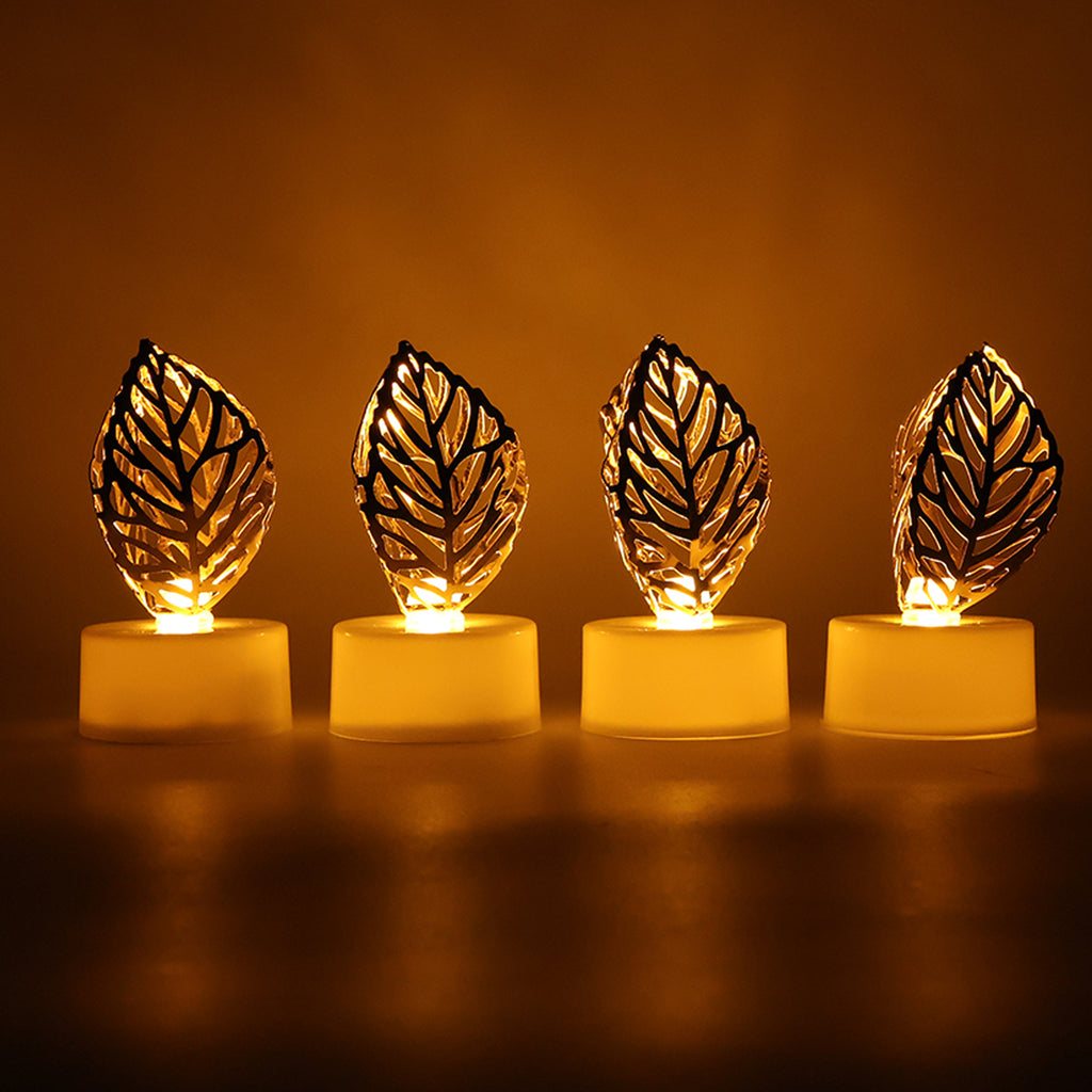 Decorative Golden Leaf Shaped Flameless Led Candles (4 Pc)