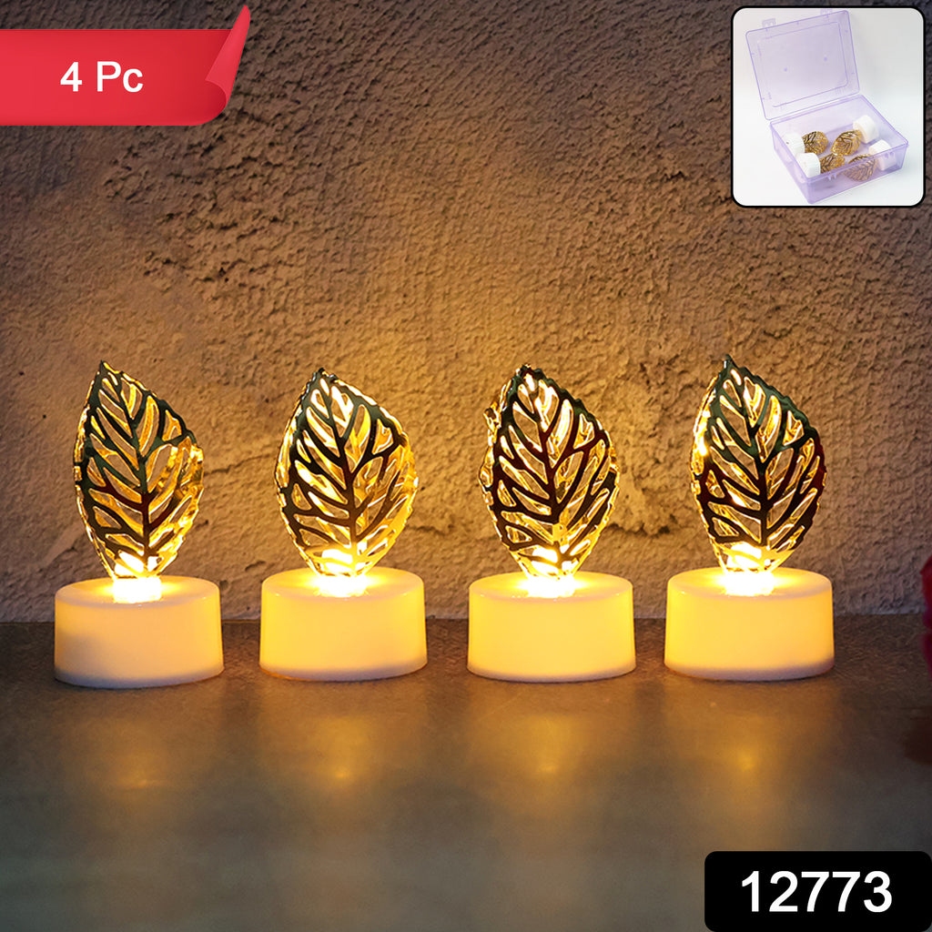 Decorative Golden Leaf Shaped Flameless Led Candles (4 Pc)